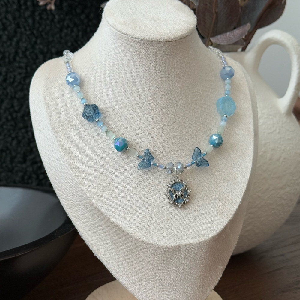 Elegant Blue Glass Denim Beaded Necklace